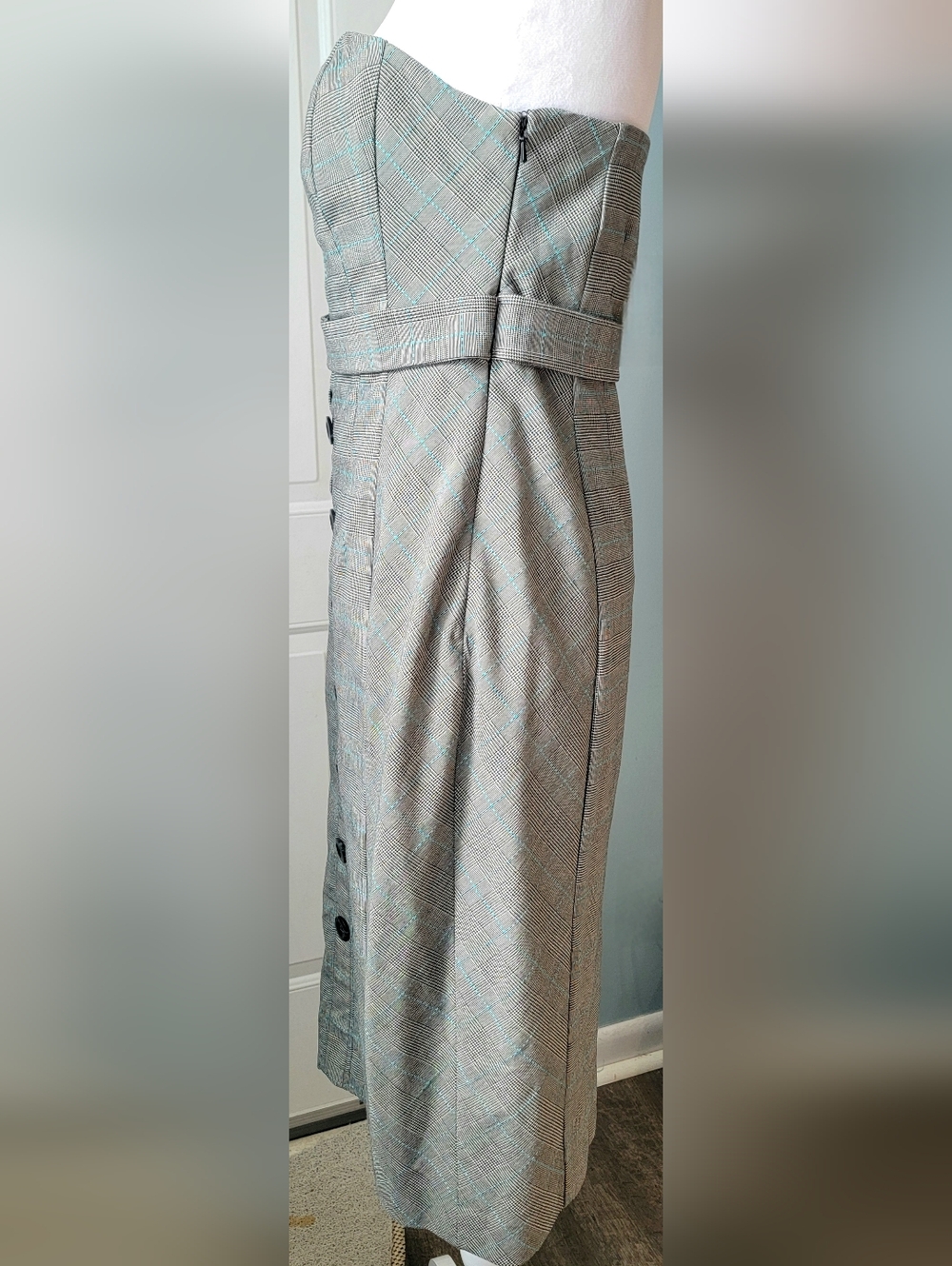 Anthropologie Floreat Doubly Adorned Plaid Strapless Midi Dress Womens 4 Grey Bl - Picture 3 of 14